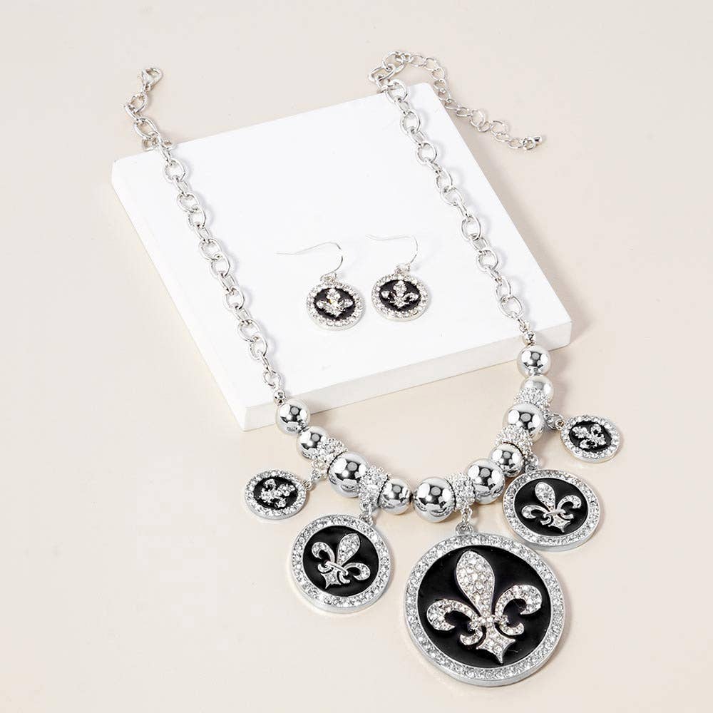 Stone Embellished Fleur de Lis Charm Metal Chain Necklace