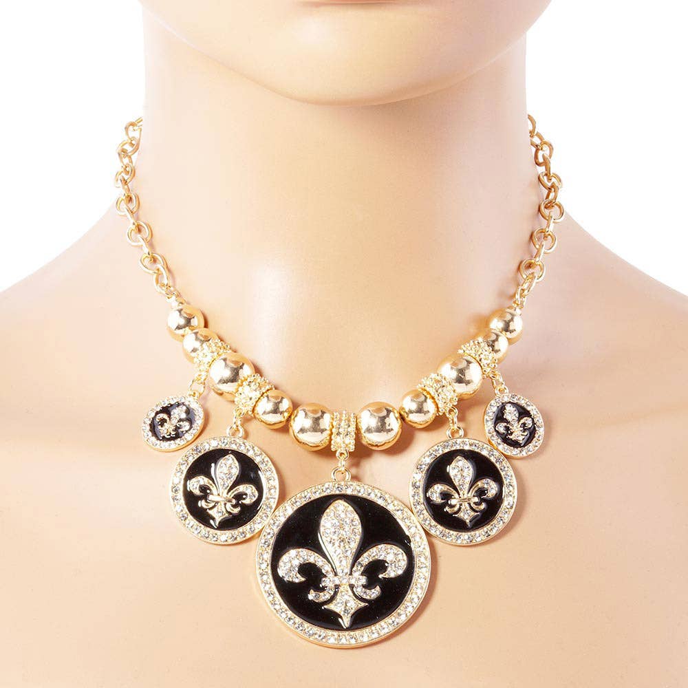 Stone Embellished Fleur de Lis Charm Metal Chain Necklace