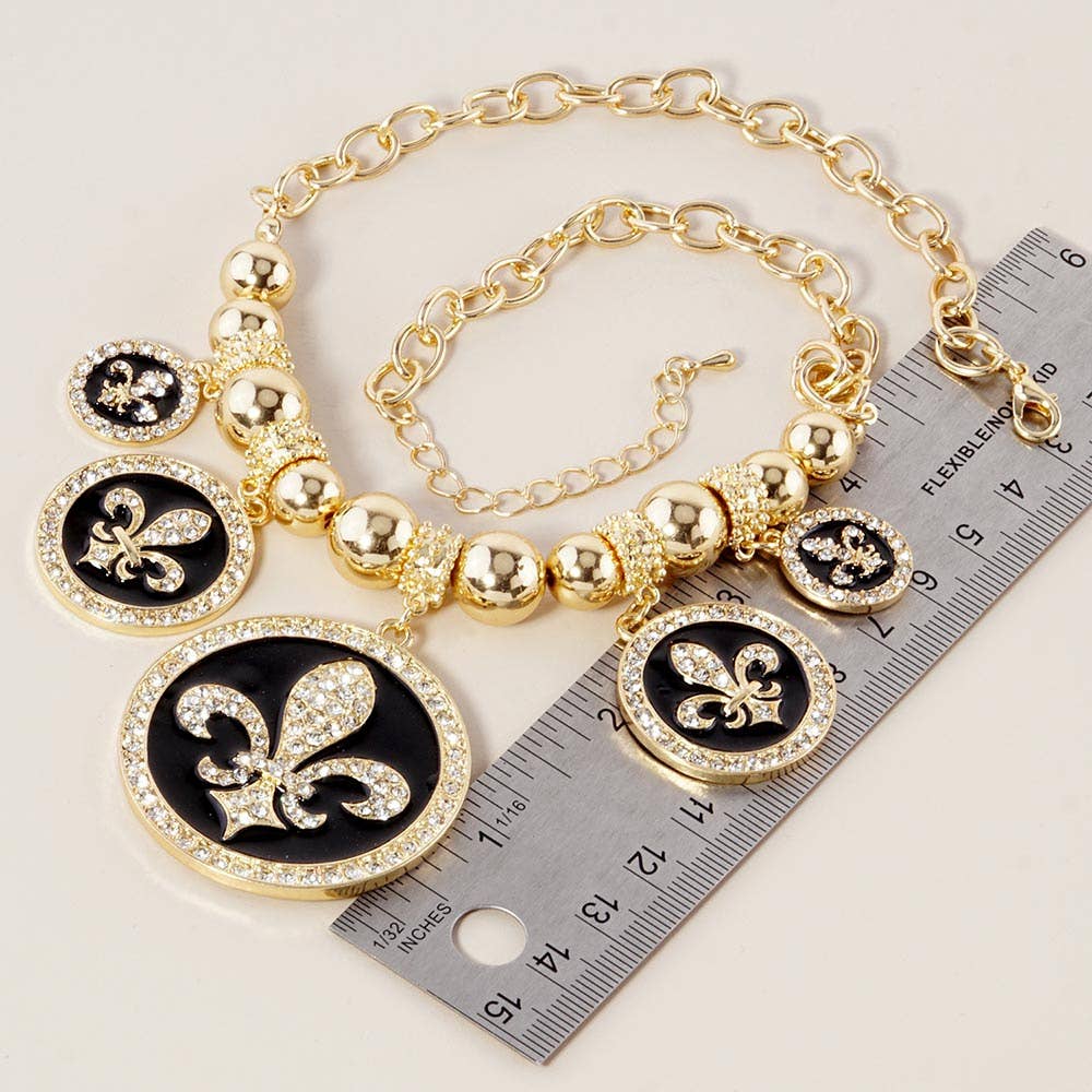 Stone Embellished Fleur de Lis Charm Metal Chain Necklace