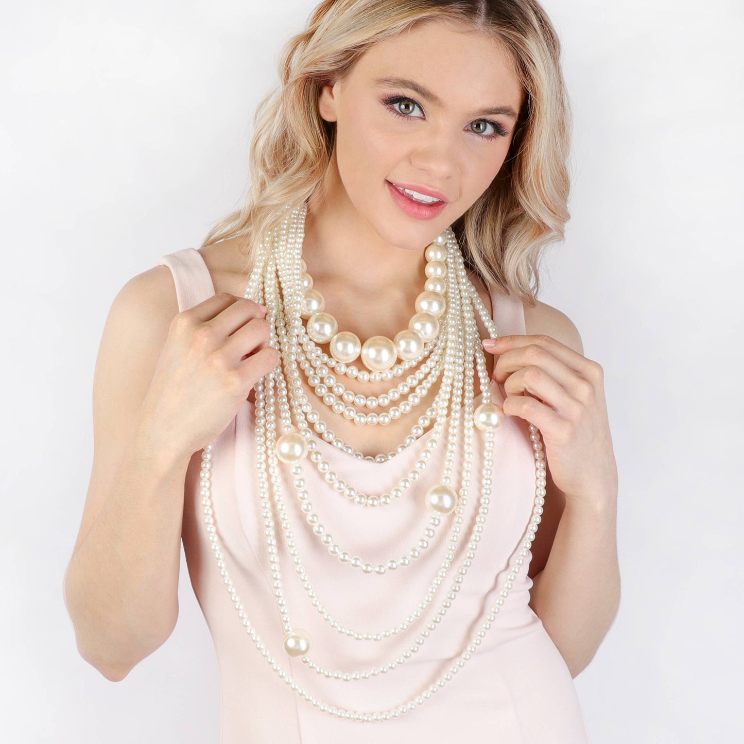 Draped Multi Layered Pearl Necklace & Earring Set: Cream