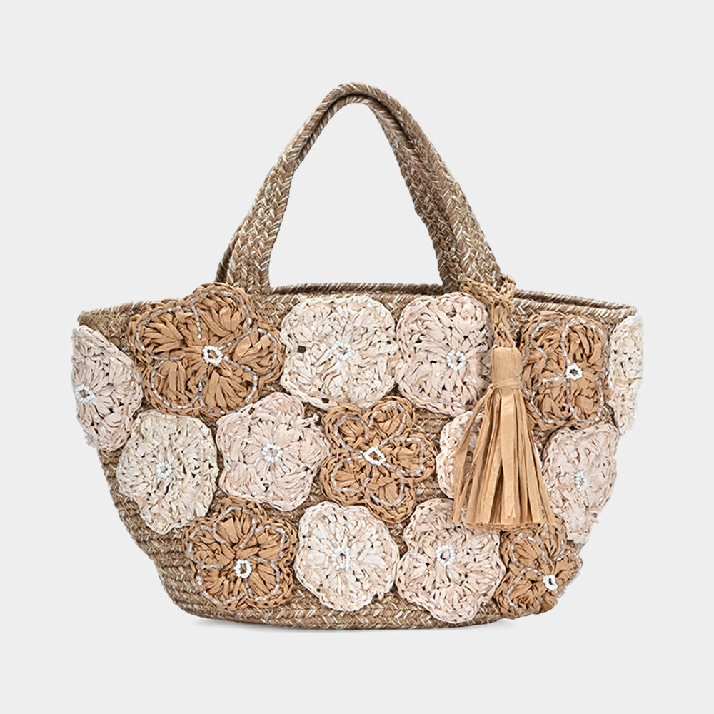 Raffia Flower Embellished Tassel Jute Tote Bag