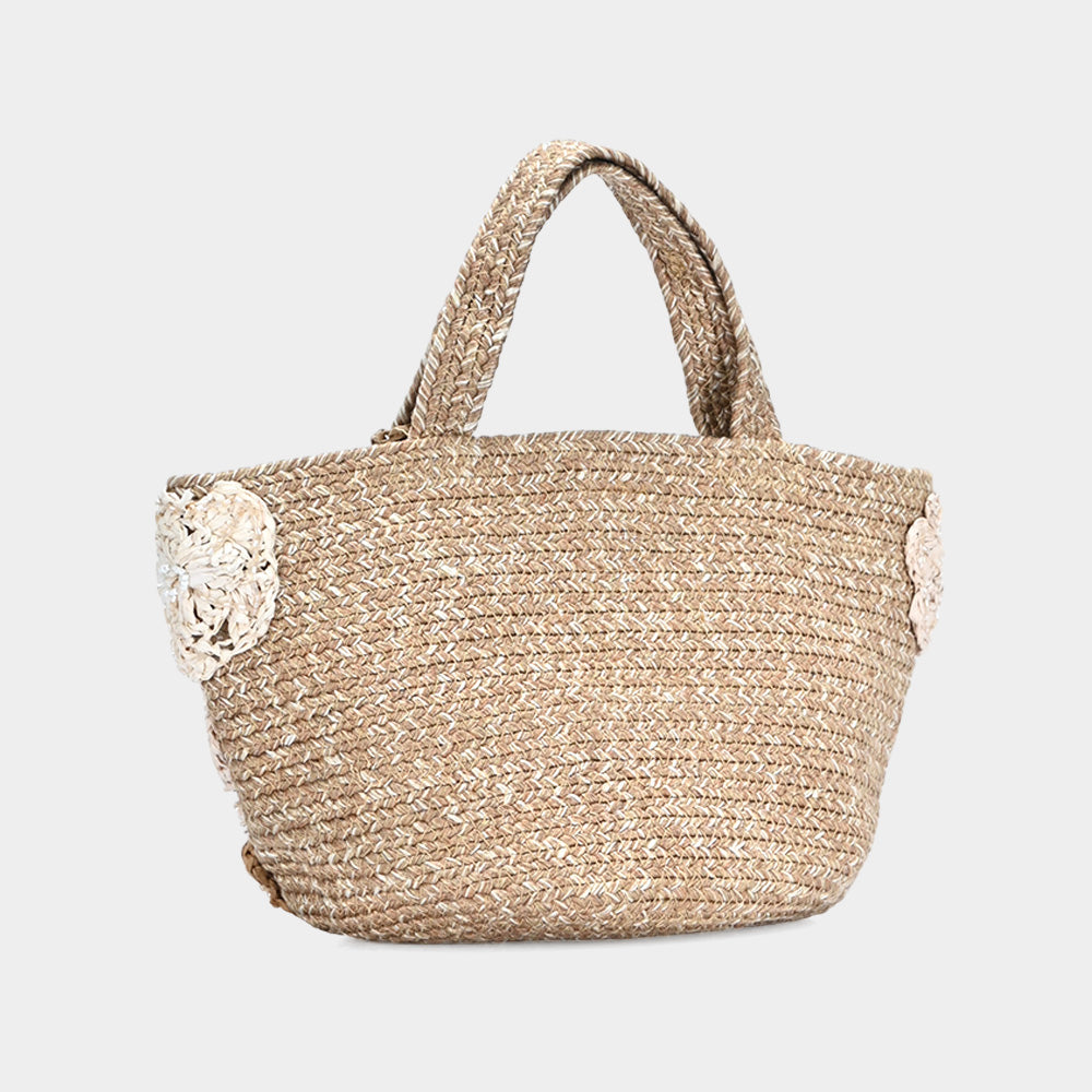 Raffia Flower Embellished Tassel Jute Tote Bag