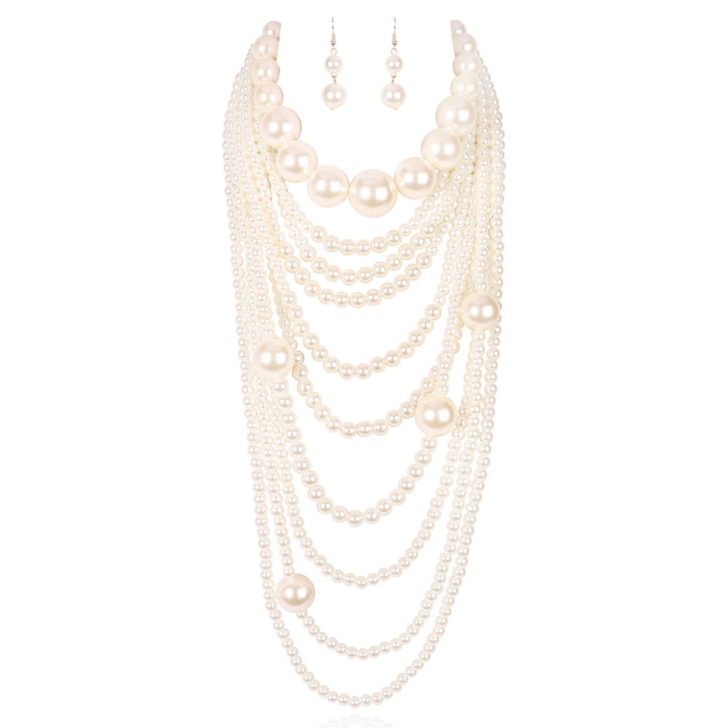 Draped Multi Layered Pearl Necklace & Earring Set: Cream