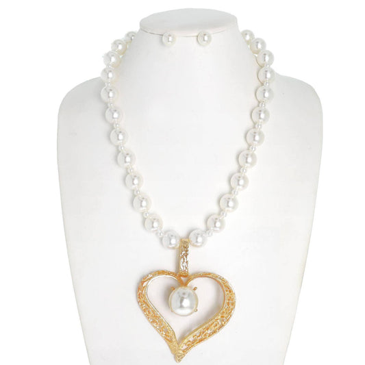 Pearl Open Heart Large Pendant Necklace Set