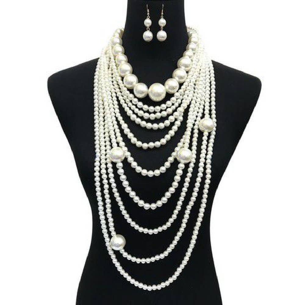 Draped Multi Layered Pearl Necklace & Earring Set: Cream